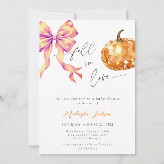 Fall in Love Diamond Pumpkin Bow Baby shower 招待状 (正面)