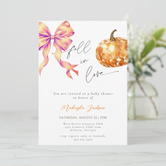 Fall in Love Diamond Pumpkin Bow Baby shower 招待状 (スタンド正面)