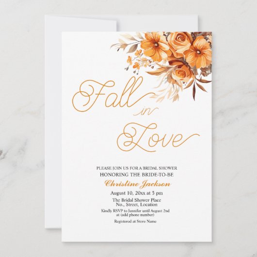 Fall in Love Elegant Script Bridal Shower 招待状 (正面)