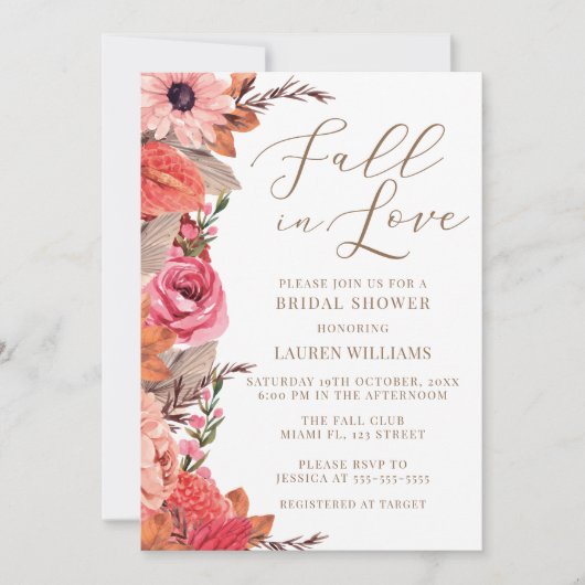 Fall In Love floral Bridal Shower Invitation 招待状 (正面)