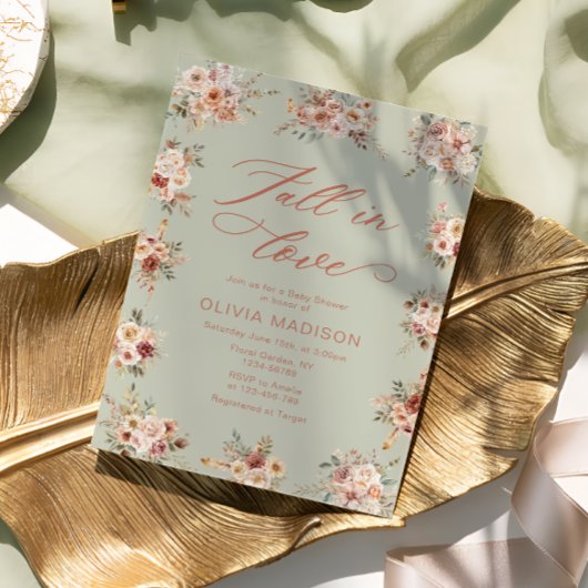 Fall in Love Floral Green Baby Shower 招待状