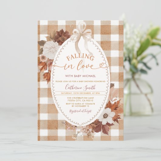 Fall in love Flowers Baby shower Gingham 招待状 (スタンド正面)