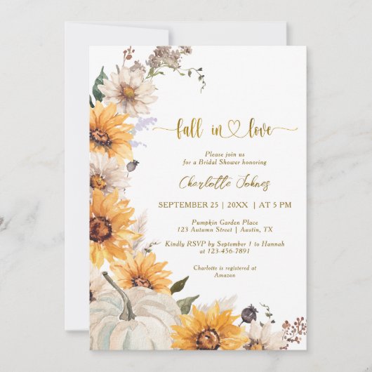 Fall In Love Gold Sunflowers Daisies Bridal Shower 招待状 (正面)