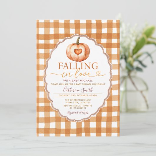 Fall in love Heart Pumpkin Baby shower Gingham 招待状 (スタンド正面)
