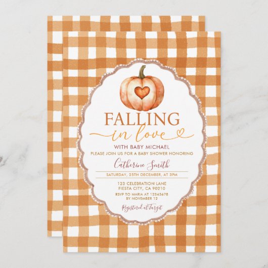 Fall in love Heart Pumpkin Baby shower Gingham 招待状 (正面/裏面)