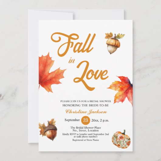 Fall in Love Maple Leaves Acorns Bridal Shower 招待状 (正面)