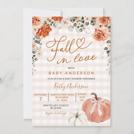 Fall In Love Orange Gingham Pumpkin Baby Shower 招待状 (正面)