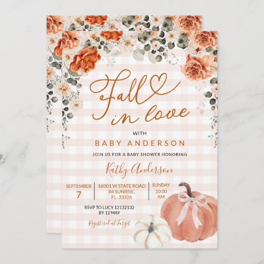 Fall In Love Orange Gingham Pumpkin Baby Shower 招待状 (正面/裏面)
