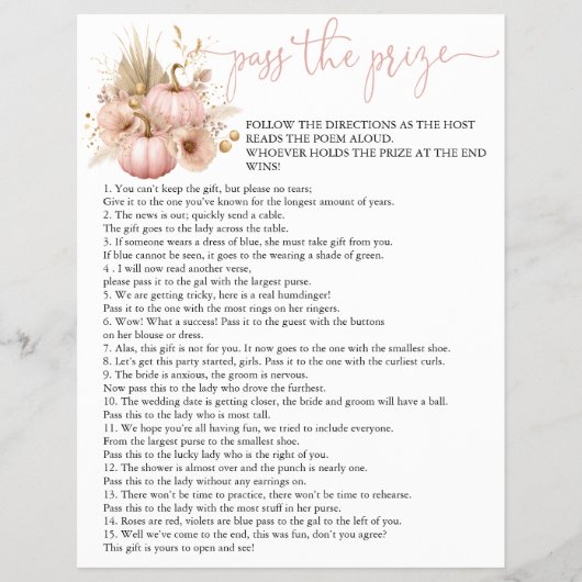 Fall in Love  Pass the Prize Bridal Shower Game チラシ (正面)