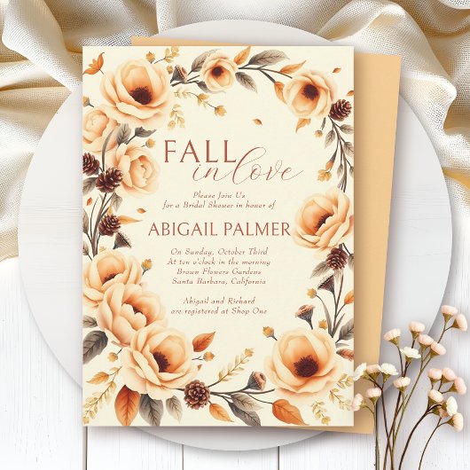 Fall in love peach floral border bridal shower 招待状