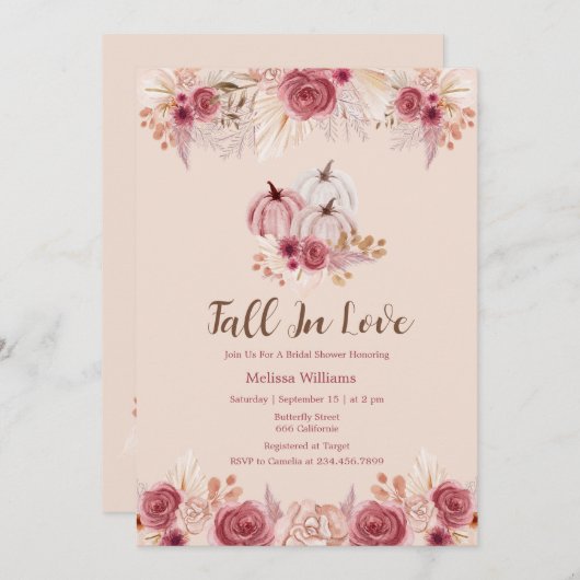 Fall In Love Pink Boho Bridal Shower Invitation 招待状 (正面/裏面)