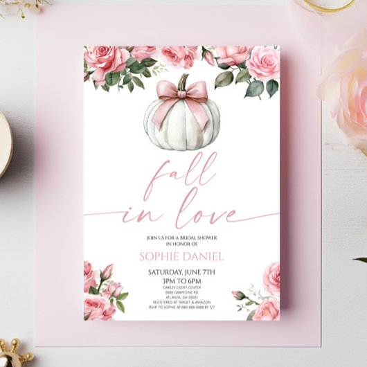 Fall In Love Pink Bow Pumpkin Floral Bridal Shower 招待状