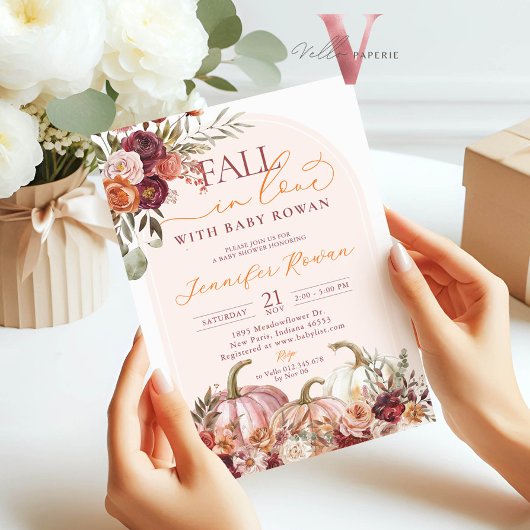 Fall in Love Pumpkin Burgundy Orange Baby Shower 招待状