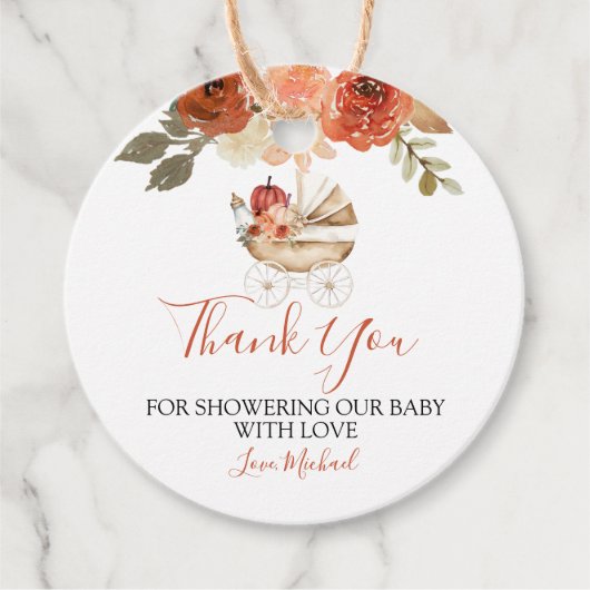 Fall In Love Pumpkin Stroller Floral Baby Shower フェイバータグ (正面)