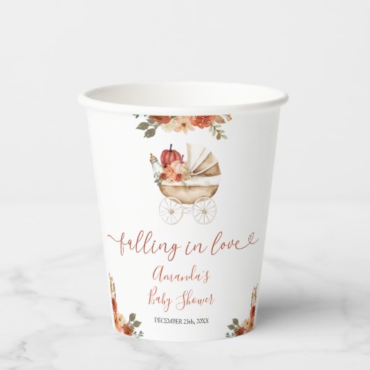 Fall In Love Pumpkin Stroller Floral Baby Shower 紙コップ (正面)