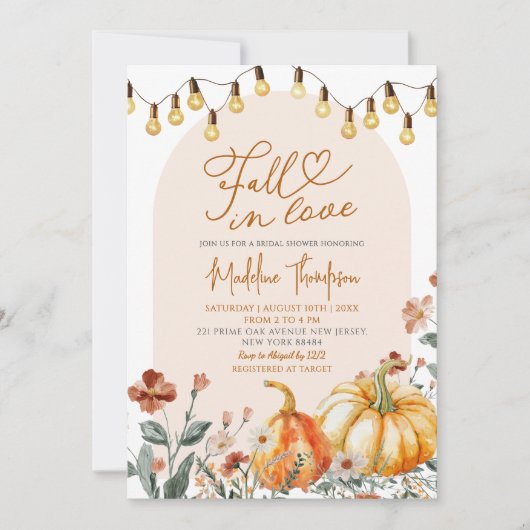 Fall in Love Pumpkin Wildflower Bridal Shower 招待状 (正面)