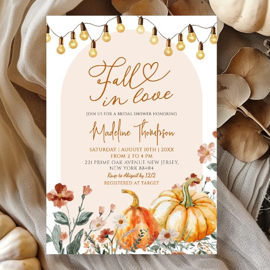 Fall in Love Pumpkin Wildflower Bridal Shower 招待状