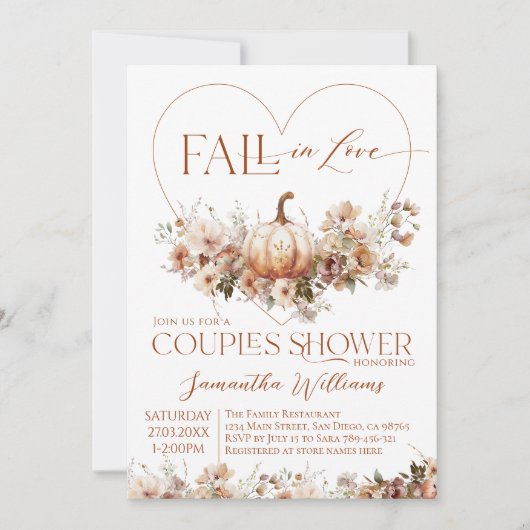 Fall in love Pumpkin Wildflower Couples Shower 招待状 (正面)