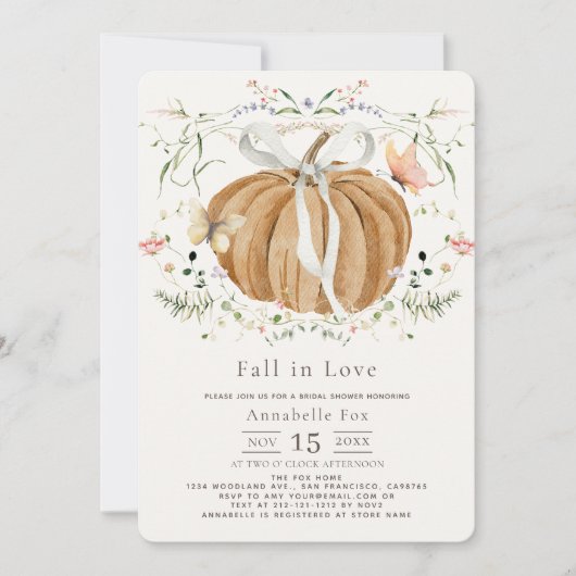 Fall in Love Pumpkin Wildflowers Bridal Shower 招待状 (正面)
