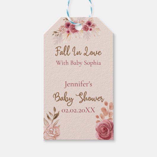 Fall In Love Rustic Pink Floral Baby Shower  ギフトタグ (正面)