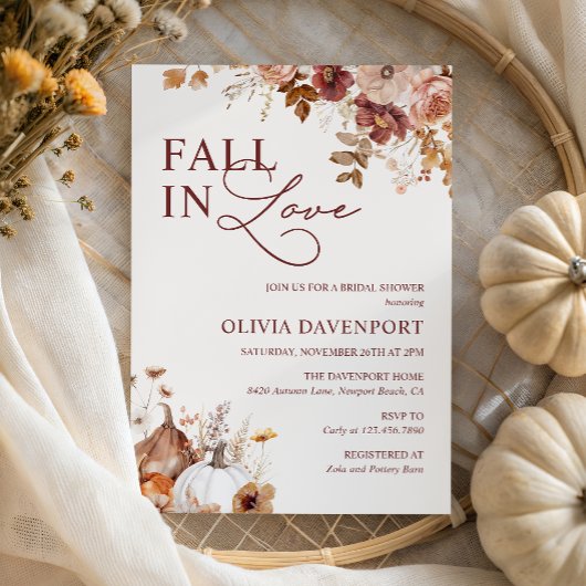 Fall in Love Rustic Pumpkin Floral Bridal Shower 招待状