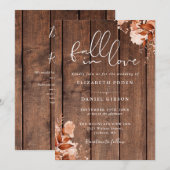 Fall In Love Rustic Wood Floral QR Code Wedding 招待状 (正面/裏面)