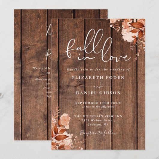 Fall In Love Rustic Wood Floral QR Code Wedding 招待状 (正面/裏面)