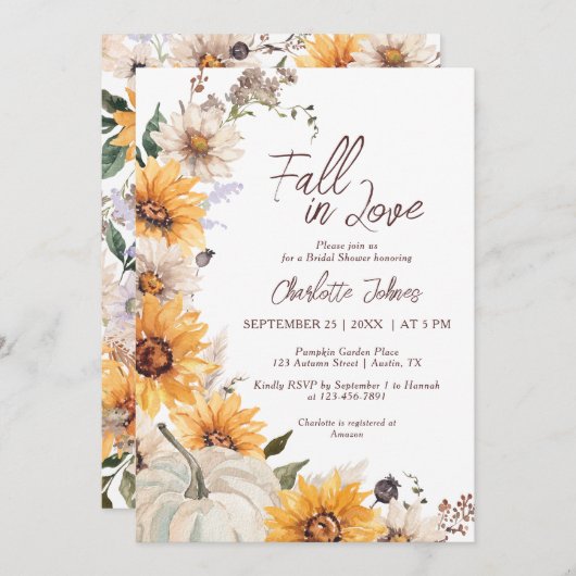 Fall In Love Sunflower Rustic Daisy  Bridal Shower 招待状 (正面/裏面)