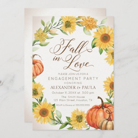 Fall in Love Sunflowers & Pumpkins fall engagement 招待状 (正面/裏面)