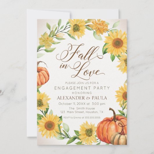 Fall in Love Sunflowers & Pumpkins fall engagement 招待状 (正面)