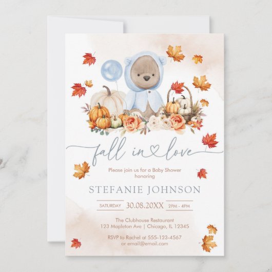 Fall in Love Teddy Bear Baby Shower Invitation 招待状 (正面)