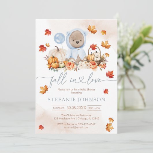 Fall in Love Teddy Bear Baby Shower Invitation 招待状 (スタンド正面)