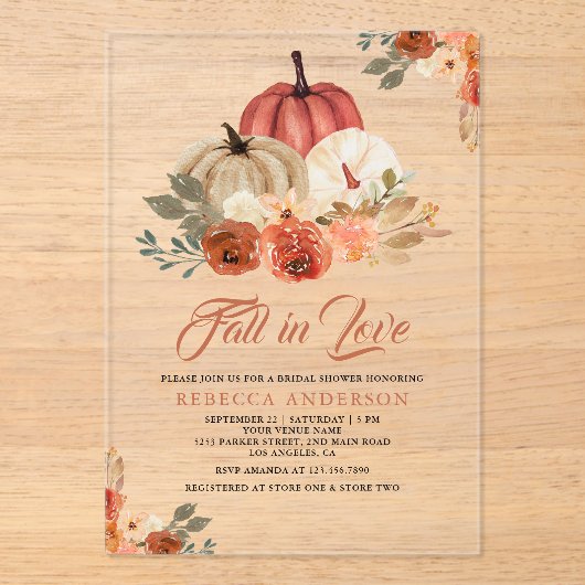 Fall in Love Terracotta Rust Pumpkin Bridal Shower アクリル招待状 (正面)