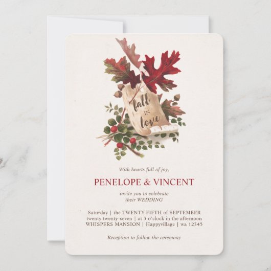 Fall in Love Vintage Leaves Wedding Invitation 招待状 (正面)