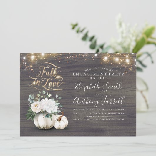 Fall in Love White Pumpkin Rustic Engagement Party 招待状 (スタンド正面)