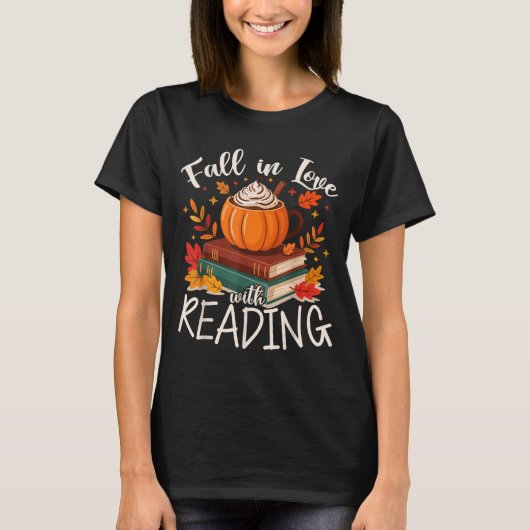 Fall In Love With Reading Autumn Librarian Cute Bo Tシャツ (正面)