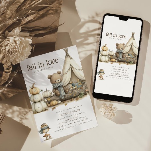 Fall In Love Woodland Bear Baby Shower 招待状