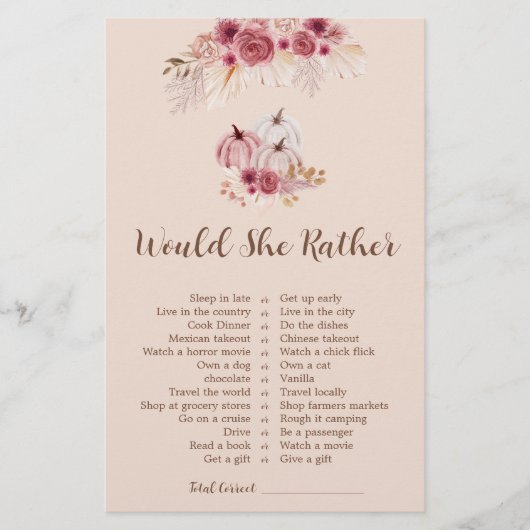 Fall In love Would She Rather Bridal Shower Game (正面)