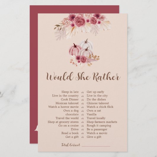 Fall In love Would She Rather Bridal Shower Game (正面/裏面)