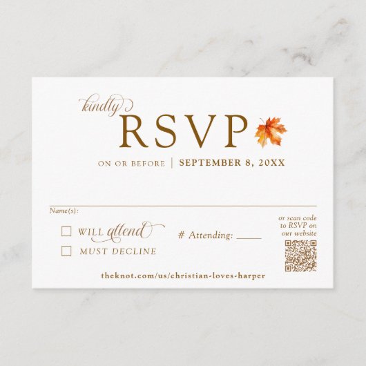Fall Leaf Rustic Autumn Wedding QR Code RSVP エンクロージャーカード (正面)