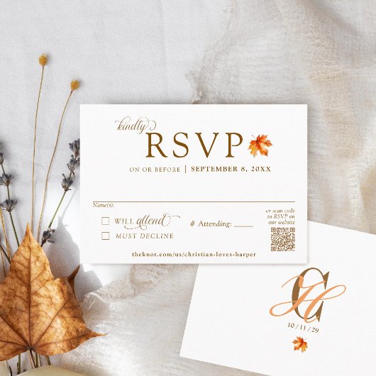 Fall Leaf Rustic Autumn Wedding QR Code RSVP エンクロージャーカード