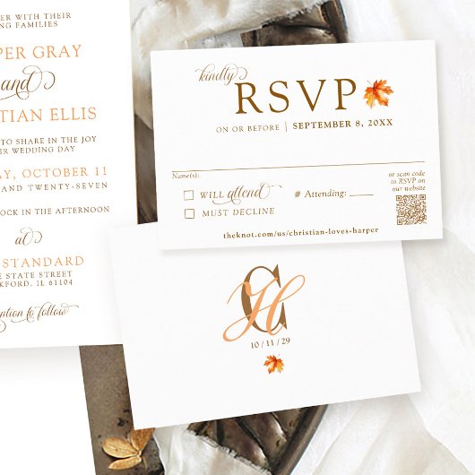 Fall Leaf Rustic Autumn Wedding QR Code RSVP エンクロージャーカード