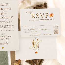 Fall Leaf Rustic Beige Autumn Wedding QR Code RSVP エンクロージャーカード