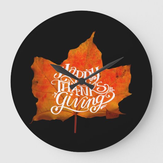 FALL LEAVES HAPPY THANKSGIVING DAY ラージ壁時計 (正面)