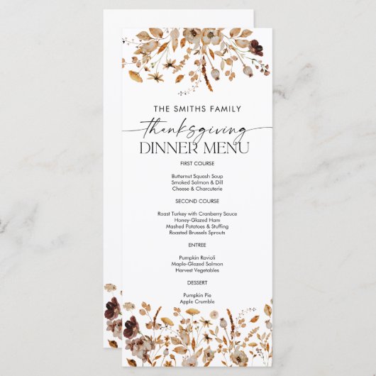 Fall Leaves Thanksgiving Dinner Flat Menu メニュー (正面/裏面)