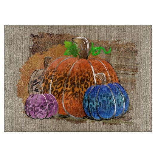 Fall Leopard Print Autumn Pumpkins On Plaid カッティングボード (正面)
