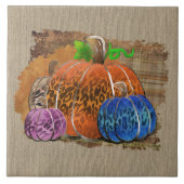 Fall Leopard Print Autumn Pumpkins On Plaid タイル (正面)