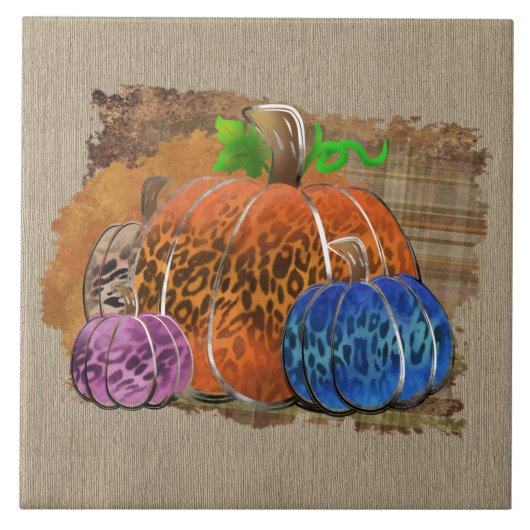 Fall Leopard Print Autumn Pumpkins On Plaid タイル (正面)