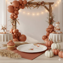 Fall Little Pumpkin Rustic Terracotta Baby Shower ペーパープレート