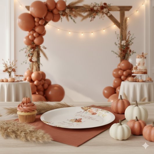 Fall Little Pumpkin Rustic Terracotta Baby Shower ペーパープレート
